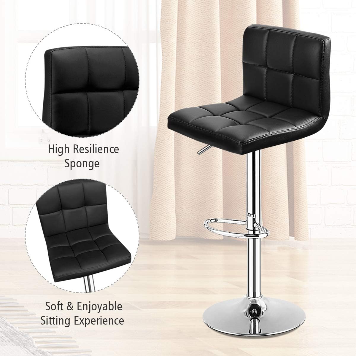 COSTWAY Bar Stool, Modern Swivel Adjustable Height PU Leather Barstools with Back, Square Armless Counter Height Bar Chair for Kitchen Island Dining Living Bistro Pub Counter, Black