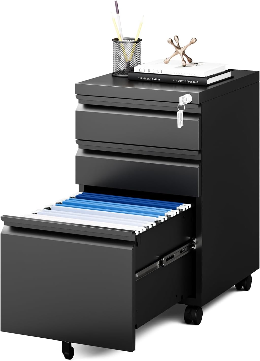 MIIIKO 3 Drawer File Cabinet with Lock, Metal Lateral Rolling Printer Stand Filing Cabinets for Home Office Storage,A4, Letter,File Folders(White)