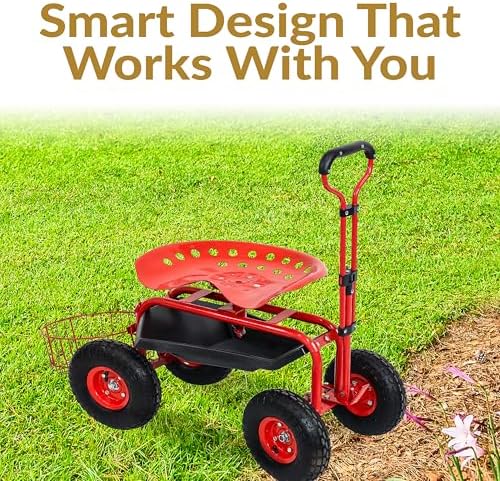 Sunnydaze Garden Cart with Wheels and Extendable Handle, Blue | Steel Rolling Gardening Seat with Utility Tray, and Basket for Storage, Rotating, Swiveling Motion