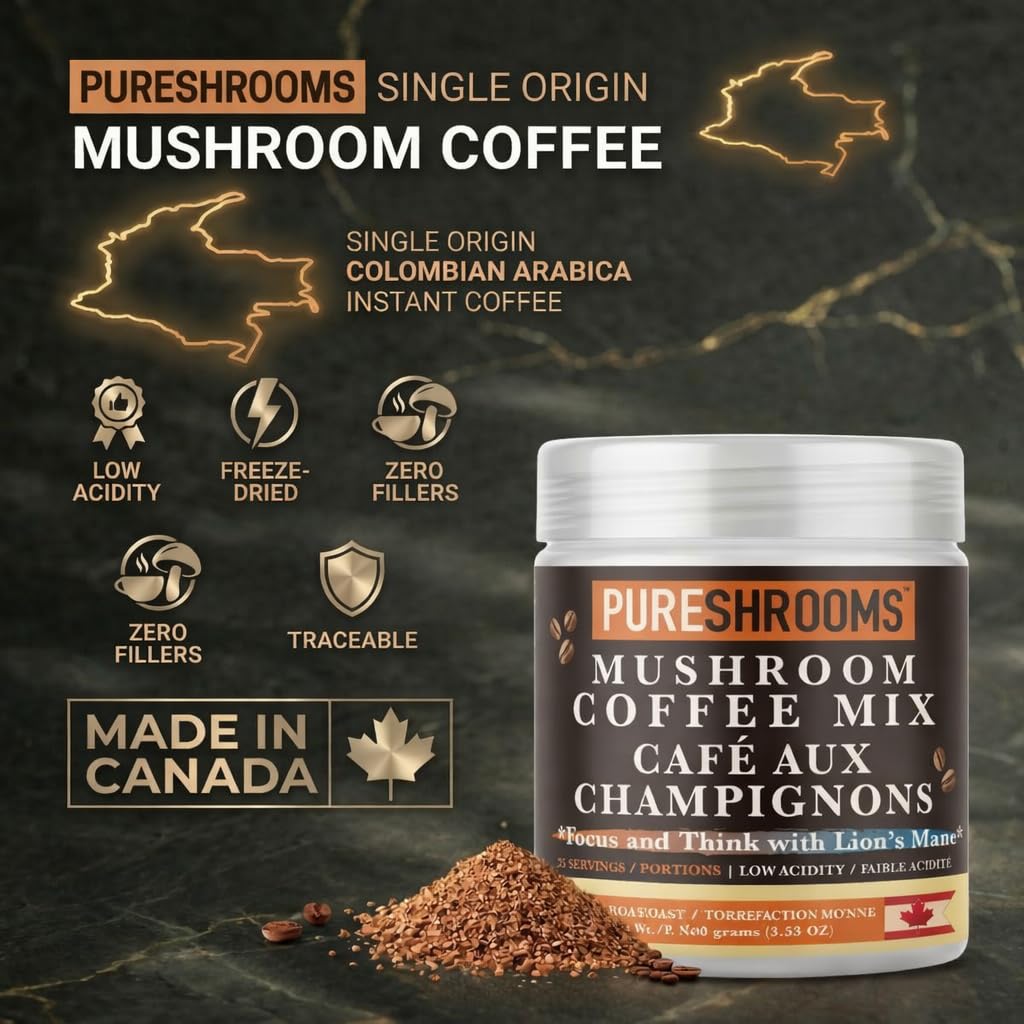 PureShrooms Mind & Body Mushroom Coffee - Instant Colombian Arabica with Organic Lion’s Mane, Reishi & Cordyceps - Low Acidity Nootropic Superfood Beverage for Focus & Vitality, 35 Servings/70g