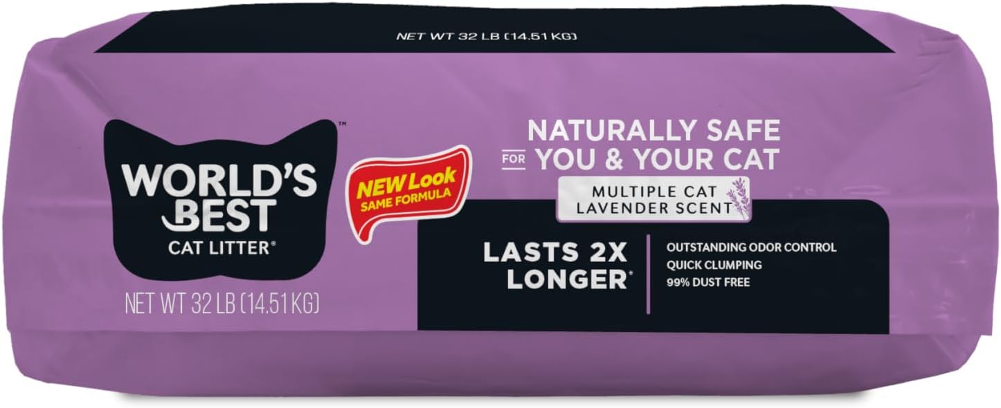 World's Best Cat Litter, Lavender Scented, Long-Lasting Odor Control, 15 lb | Controls multi-cat odors with a calming lavender scent; natural corn litter, quick clumping, flushable, 99% dust free formula