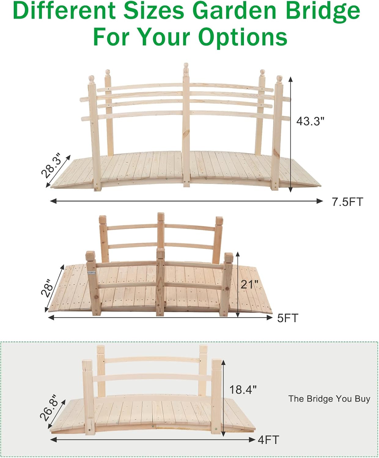 VINGLI 5 ft Garden Bridge, Classic Wooden Arch with Safety Rails Stained Finished Footbridge, Decorative Pond Landscaping, Backyard, Creek or Farm