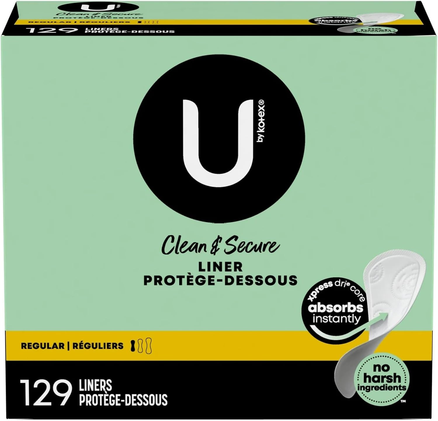 U by Kotex Clean & Secure Daily Liners, Regular, 129 Count - 4 Pack (516 Total