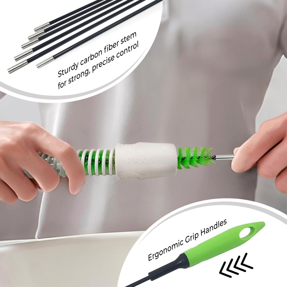 Purdoux 2-in-1 CPAP Hose Brush Tube Cleaner & Dryer for 22mm & 15mm Hoses | 6-Piece Adjustable Stem Up to 6.5ft, Soft Nylon Bristles