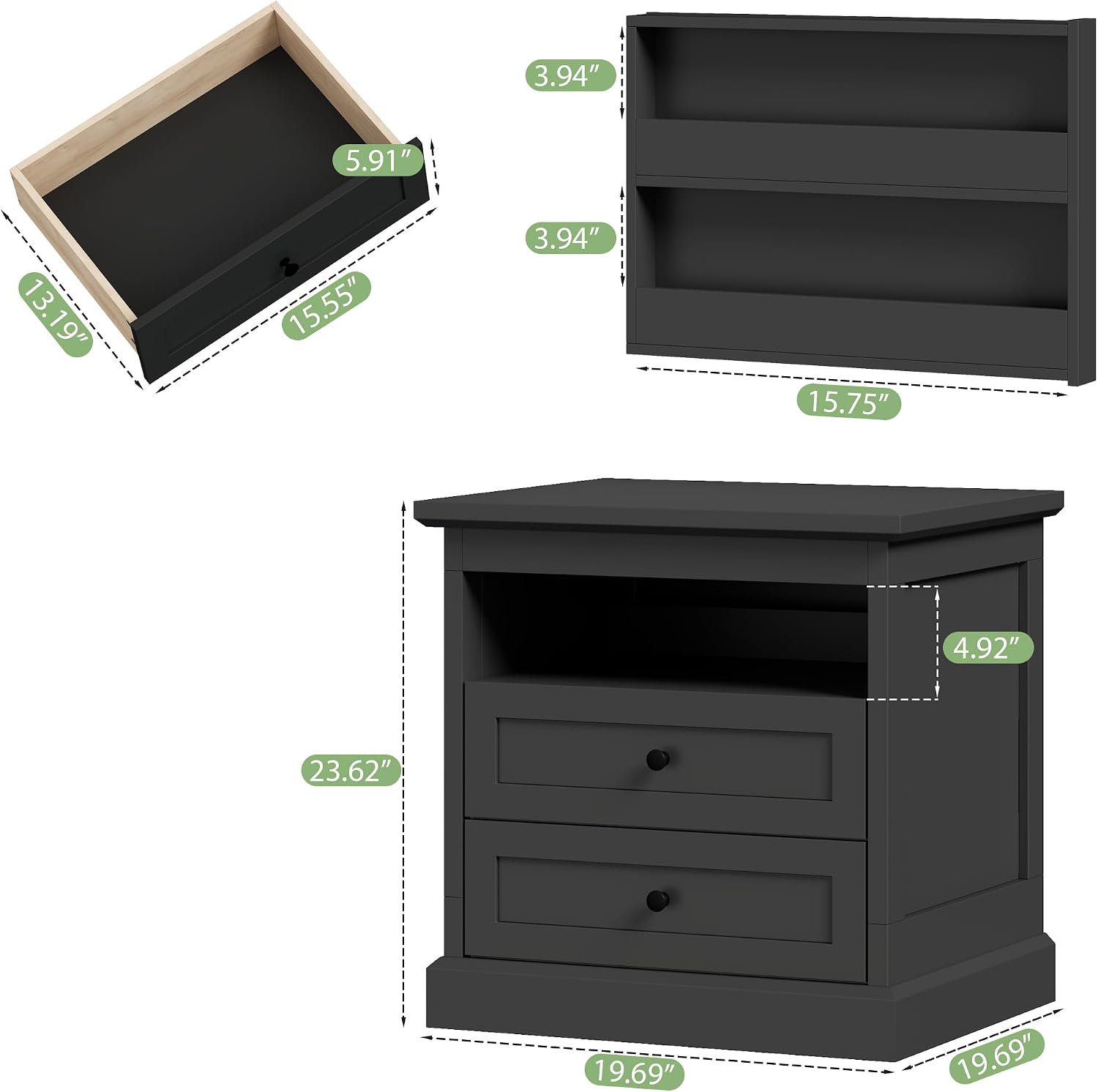 Nightstand with Hidden Storage Space,Night Stand,End Table with Side Drawer | Black Bedside Table with Open Shelf, 2 Drawers Dresser for Bedroom, Living Room, Closet