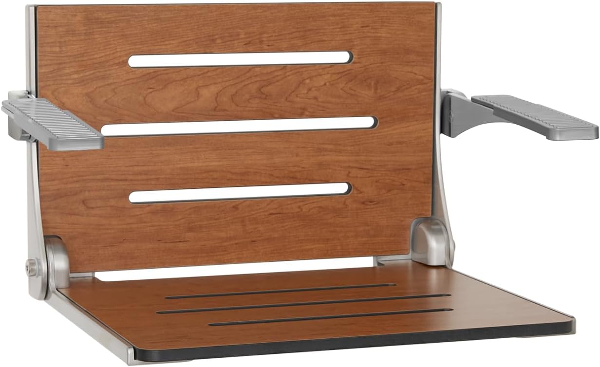 Seachrome Silhouette Comfort Folding Wall Mount Shower Bench Seat with Arms, Teak Seat with Silver Frame