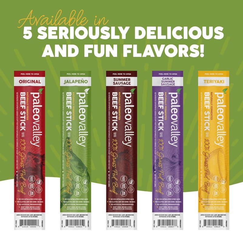 Paleovalley 100% Grass Fed Beef Sticks, Protein Snacks, Original | 10 Count, Individually Wrapped, Naturally Fermented, Gluten Free, Keto and Paleo, Made With Simple Ingredients, 6g Protein