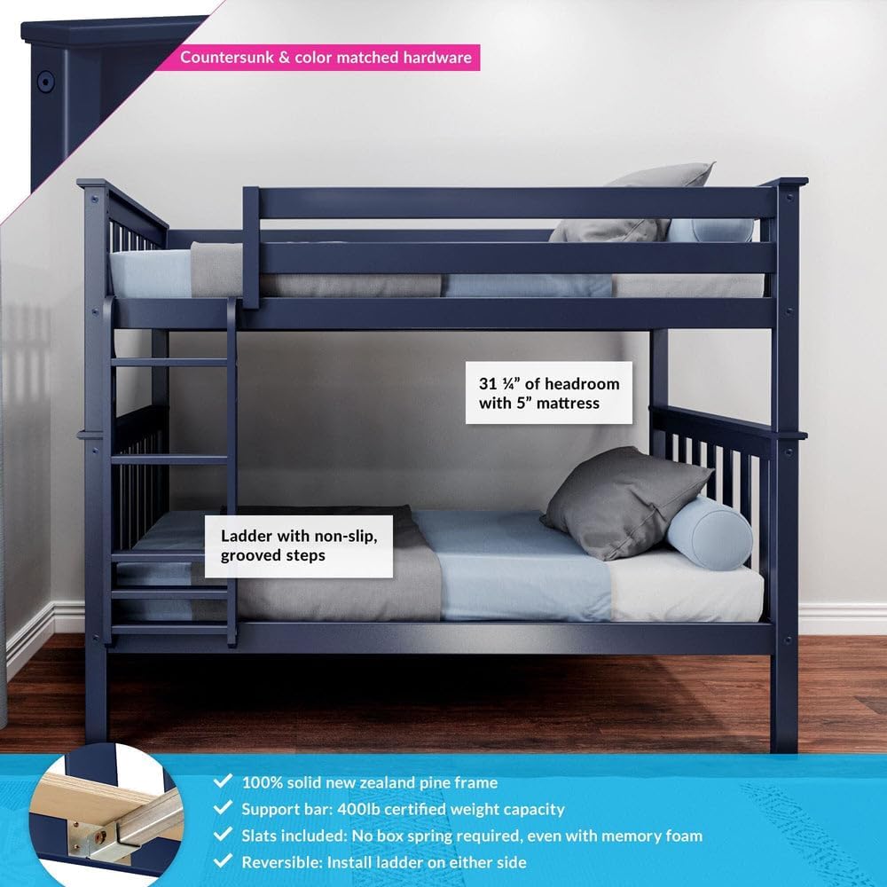 Max & Lily Bunk Bed Twin over Twin, Solid Wood Bunk Bed Frame with Ladder for Kids, 14" Safety Guardrails, Easy Assembly, No Box Spring Needed, White