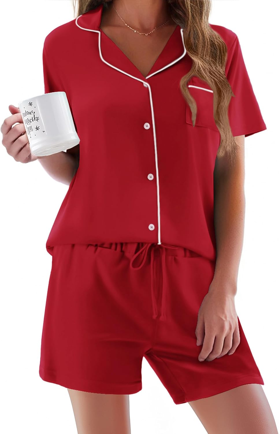 Ekouaer Pajamas Set for Women Short Sleeve Sleepwear Button Down Pj XS-XXXL | Summer 2 Piece Lounge Set, Soft Fabric, Drawstring Waistband, for Bridesmaid Bride Party, Plus Size, Petite, Cute Pattern