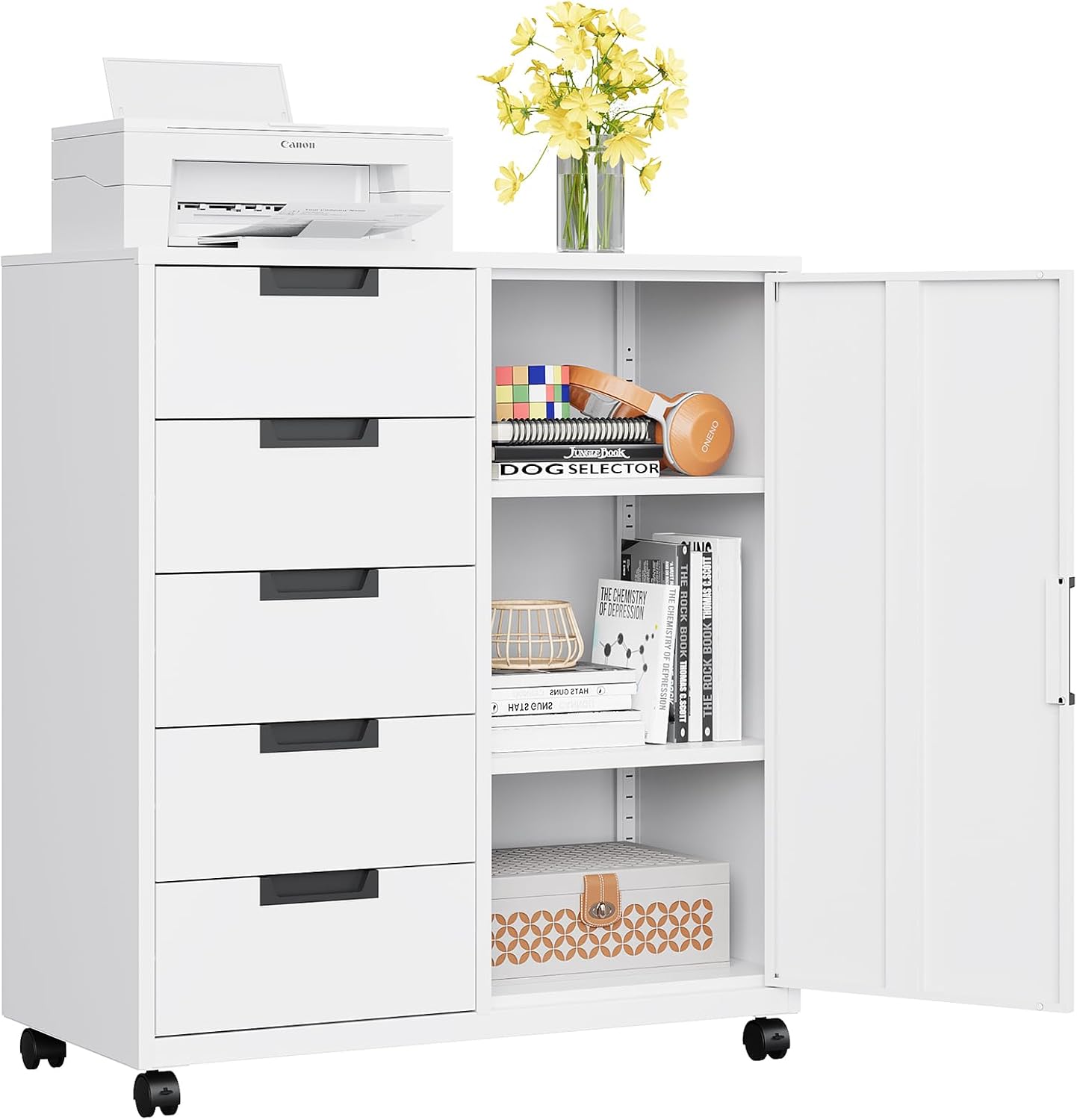 MIIIKO 3 Drawer File Cabinet with Lock, Metal Lateral Rolling Printer Stand Filing Cabinets for Home Office Storage,A4, Letter,File Folders(White)