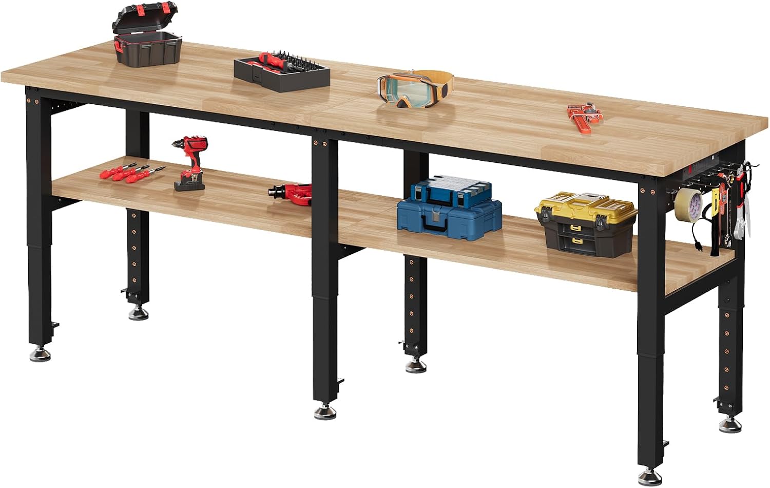 SPECRAFT Adjustable Black Heavy-Duty Workbench | 2000 Lbs Capacity, Rubber Wood Top, 4 AC Outlets and 2 USB Ports, for Garage, Workshop and Office