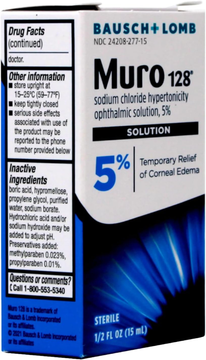 Muro 128 5% Sodium Chloride Hypertonicity Ophthalmic Solution, from Bausch + Lomb, 0.5 Fl Oz for Temporay Relief of Corneal Edema (1 Box Only)