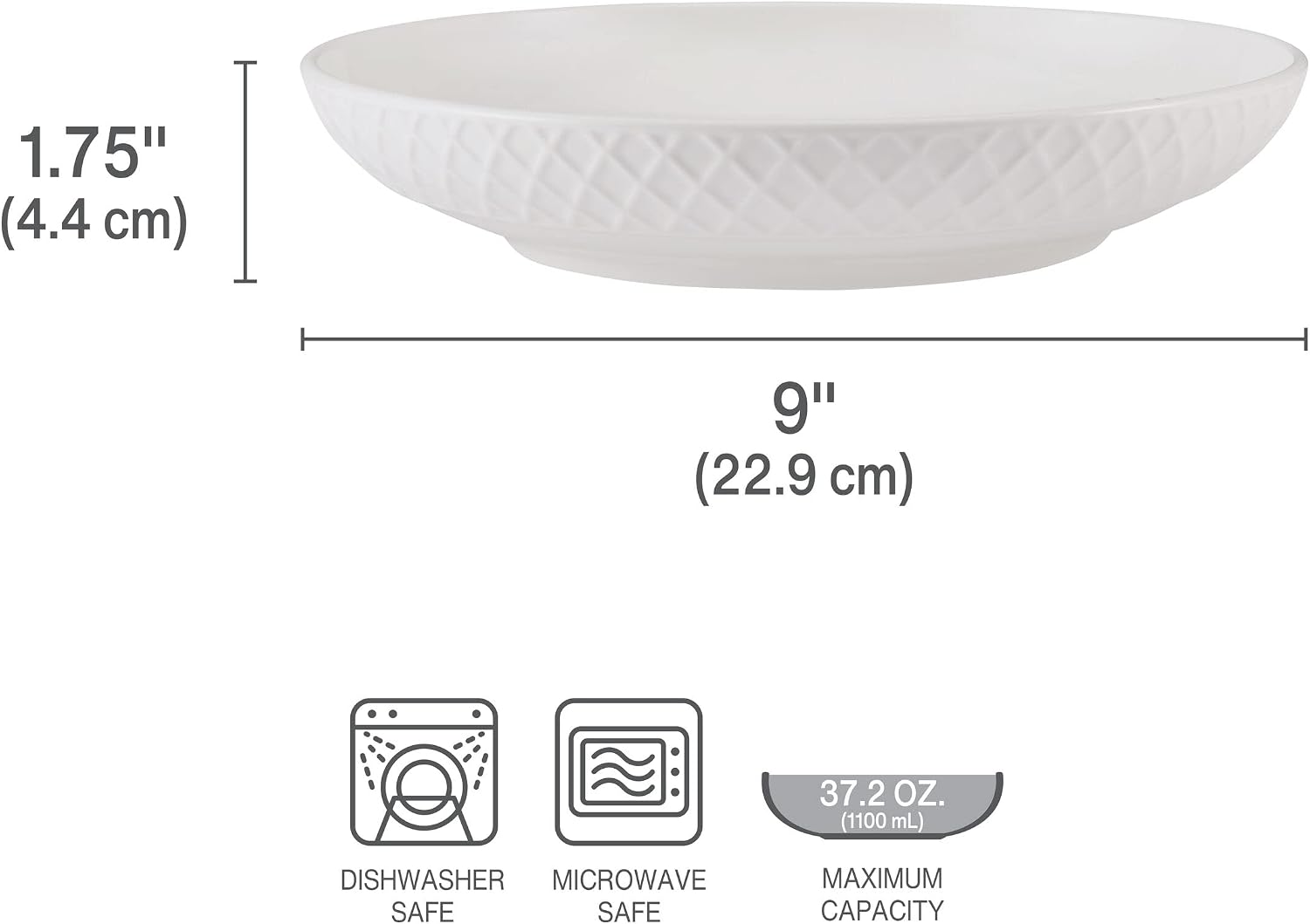 Mikasa Trellis Bone China 9-Inch Pasta Bowls Set of 4, Lightweight, Chip-Resistant White Porcelain, Dishwasher and Microwave Safe
