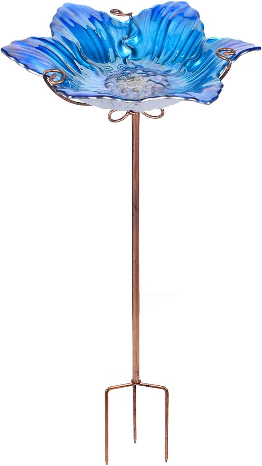 MUMTOP Glass Bird Bath Outdoor Birdfeeder Blue Flower Bowl with Metal Stake