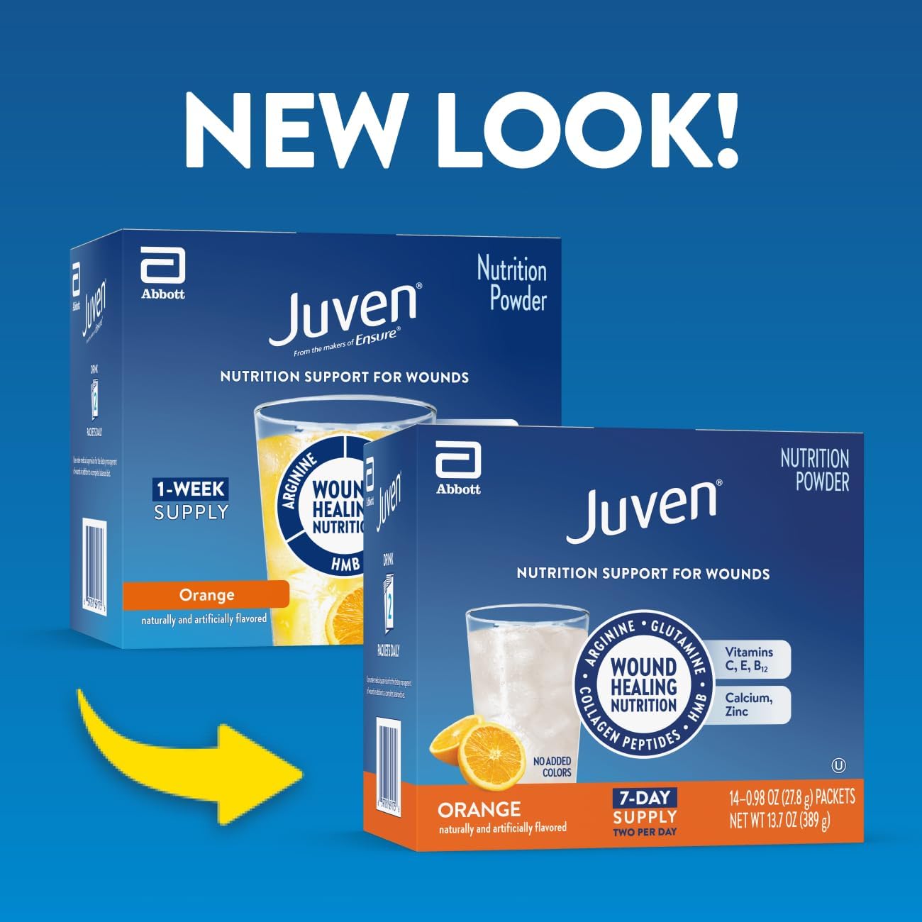 Juven Therapeutic Nutrition Drink Powder Including Collagen Peptides, Amino Acids, and HMB for Wound Healing Support, Orange, 48 Packets
