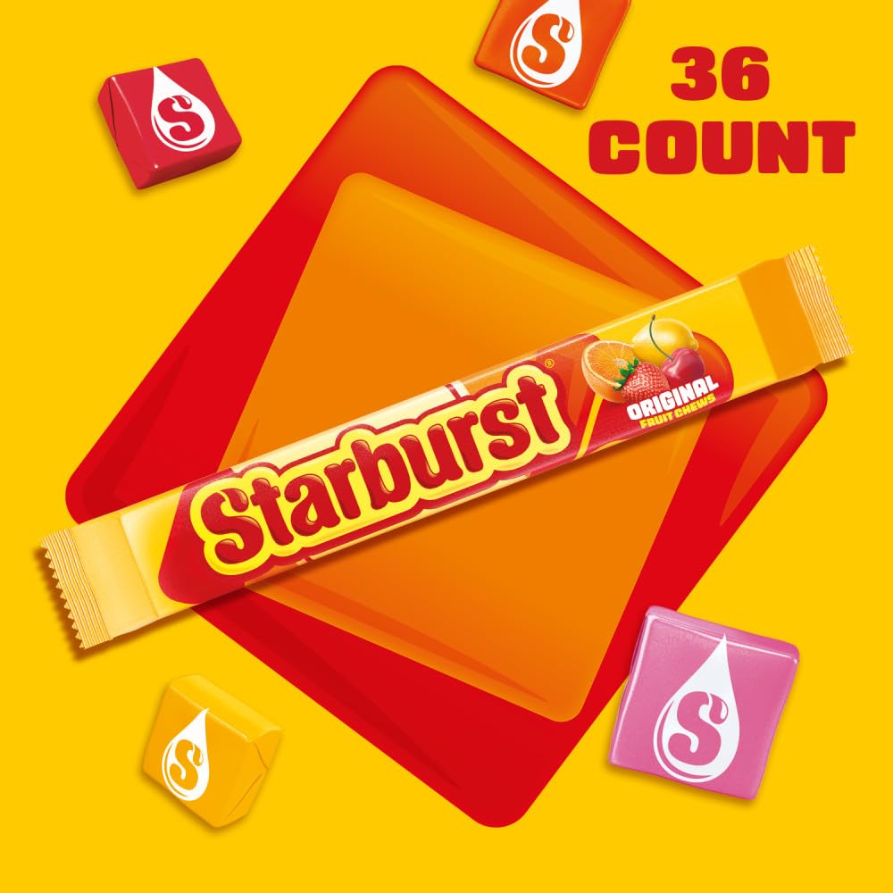 STARBURST Original Full Size Fruit Chews Chewy Candy Bulk 36 Packs, 2.07 oz | Soft fruit chews in full size packs, great for birthdays, desserts, road trips and pantry snacking, lunch box, bulk candy