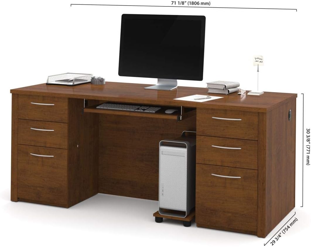 Bestar Executive Desk with Two Pedestals, 72W, Dark Chocolate, Embassy, 72W | With Two Pedestals, with Desk Shell, Keyboard Tray, CPU Stand