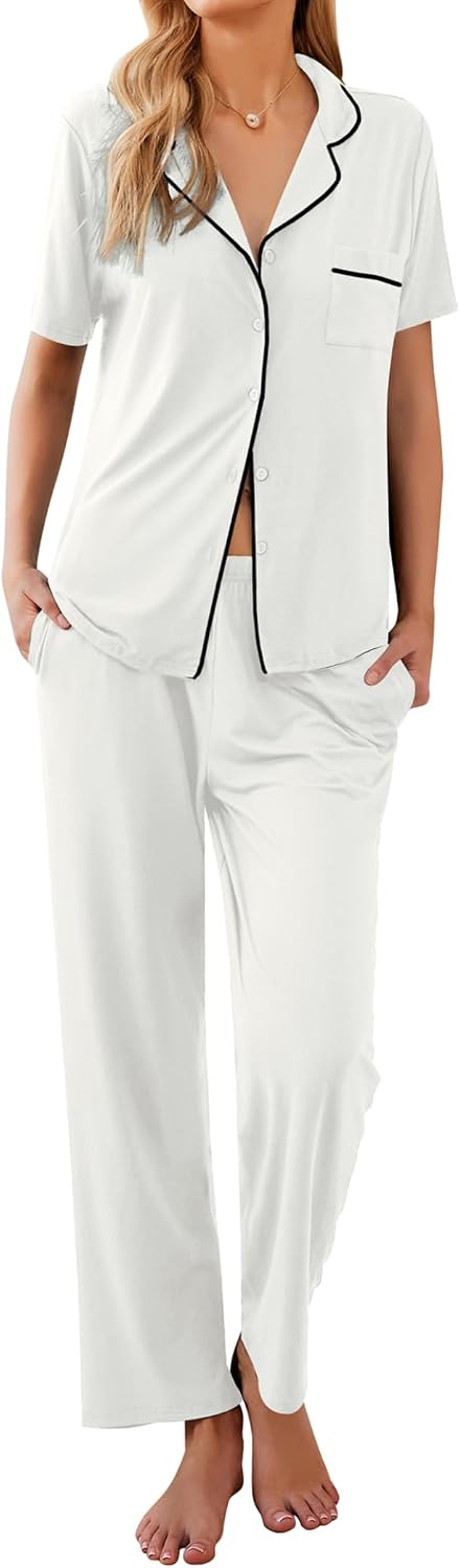 Ekouaer Womens Pajamas Set Short Sleeve Button Down Top & Pants Lounge Pjs