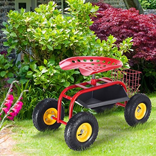 Giantex Rolling Garden Work Seat, 360 Swivel Gardening Workseat with Wheels, Tool Basket, Adjustable Height, Outdoor Scooter for Sitting, Gardening Stool Chair for Planting Trimming, Red