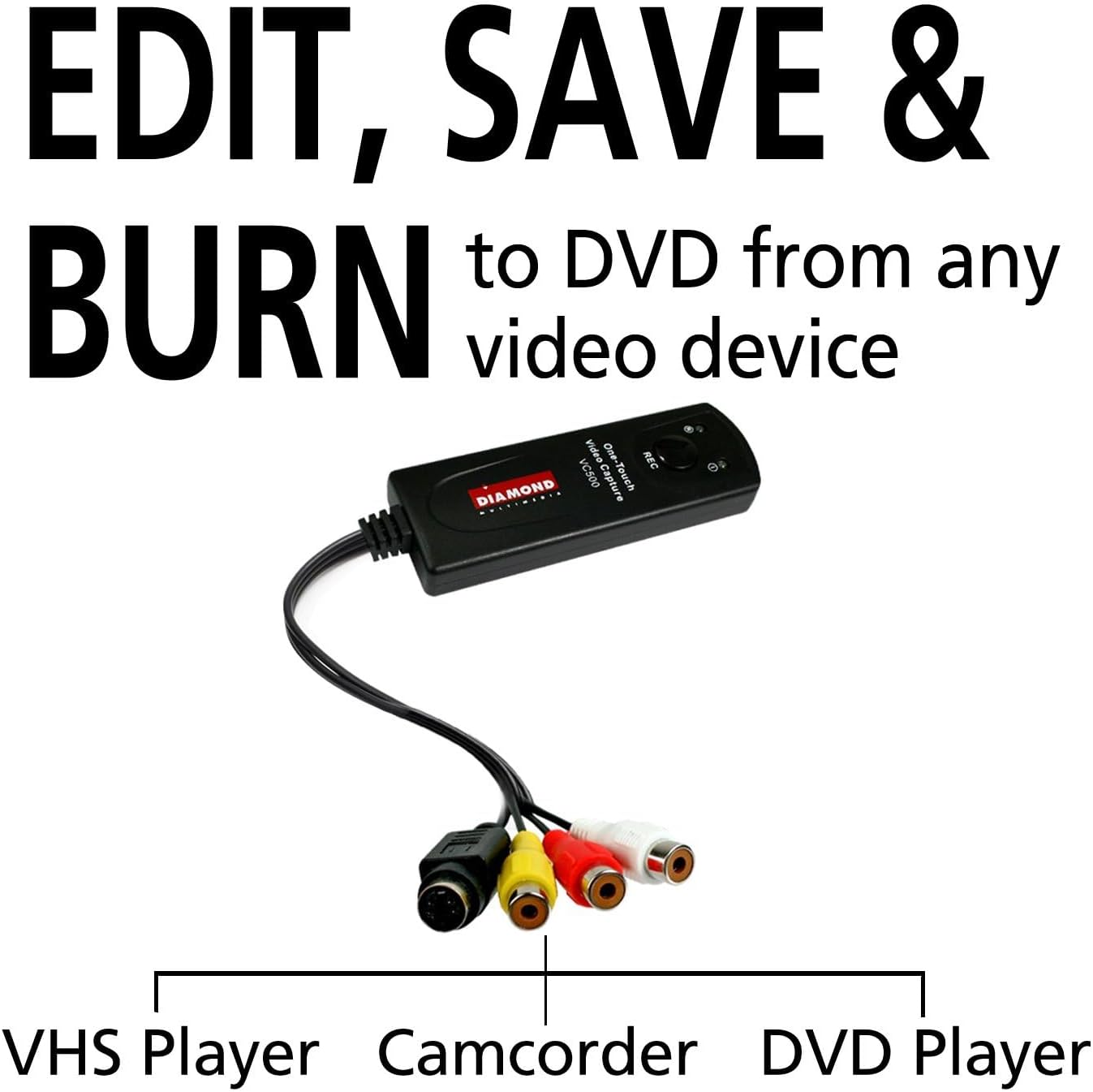 Diamond Multimedia VC500 One Touch VHS to Digital Converter – Capture & Convert VHS to Digital Files or DVD, Easy-to-Use Software, Windows 11,10 & Mac Compatible