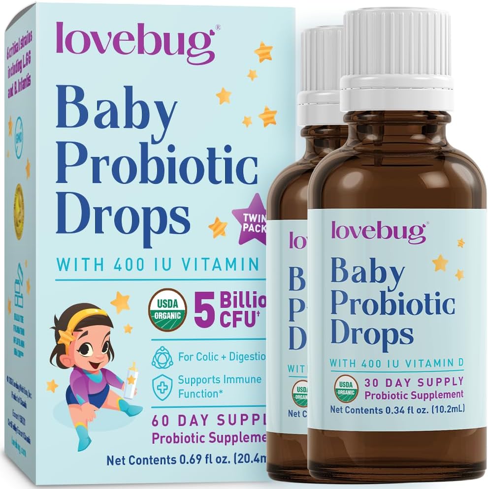 LOVEBUG Baby Probiotic Drops - Organic Probiotics for Immune Support and Baby Constipation & Colic Relief - Tasteless & Sugar-Free Liquid Drops for