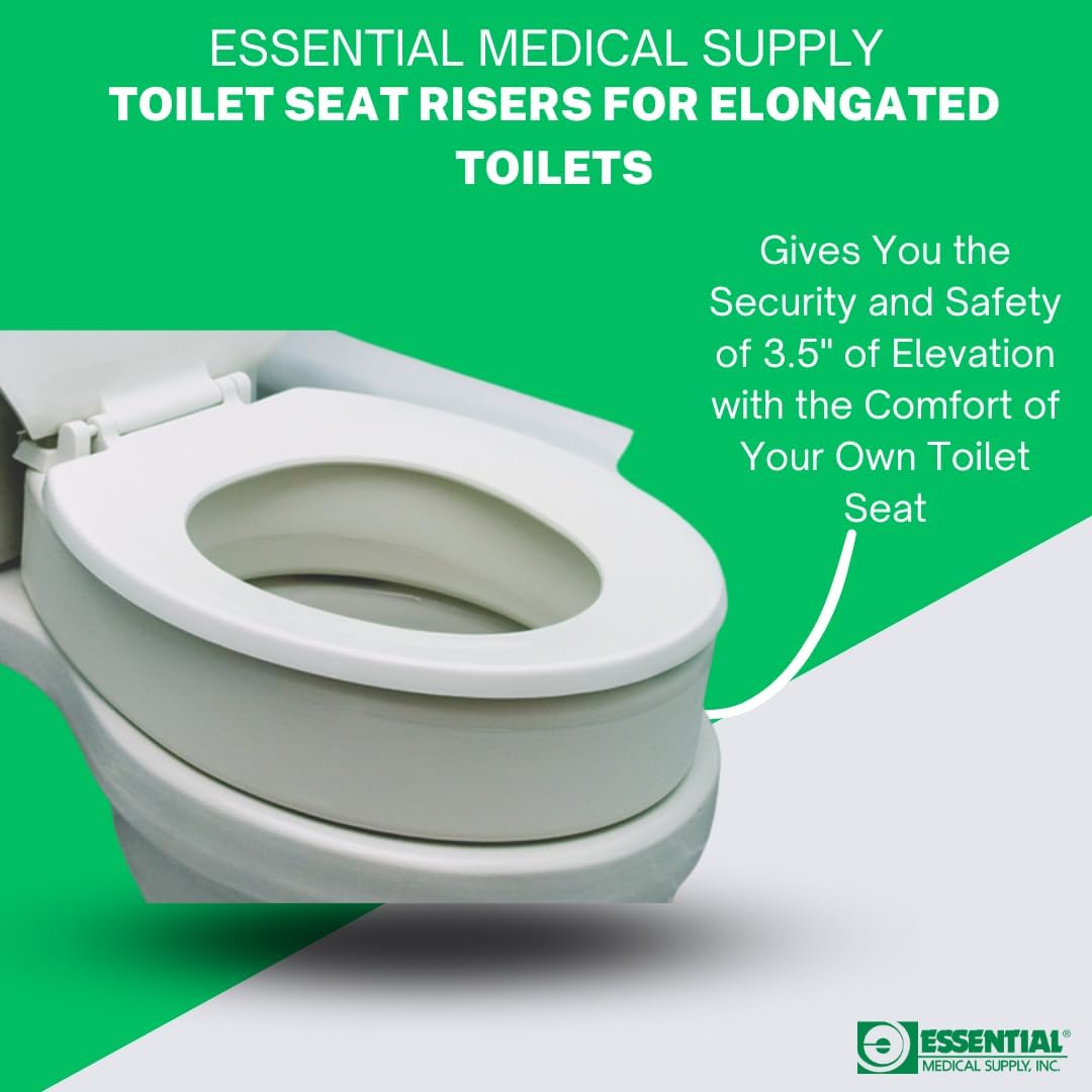 Essential Medical Supply Toilet Seat Riser for Elongated Bowl with 3.5" Rise - 19 x 14 x 3.5 Inch, Elevating and Raising Toilet Seat for Seniors