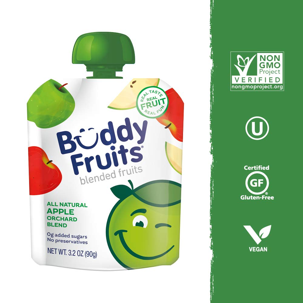 Buddy Fruits Snacks To Go Multifruit Unsweetened Applesauce 3.2oz Pouch (18pk) Gluten-Nut-Dairy-Preservatives-BPA Free, Non GMO, Kosher