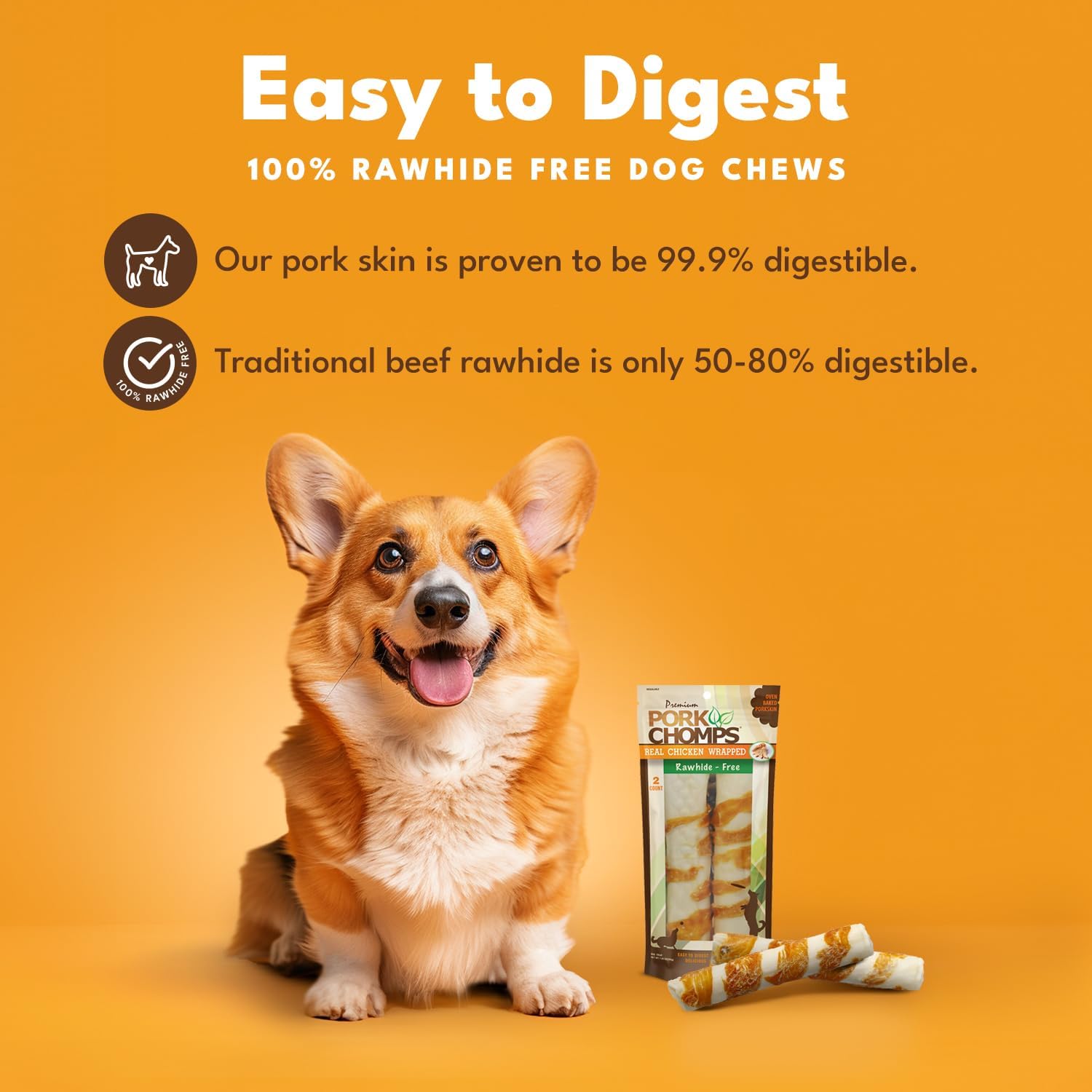 Pork Chomps Rawhide Free Pork Skin Dog Chews, Chicken Wrap, 8in Rolls, 2ct
