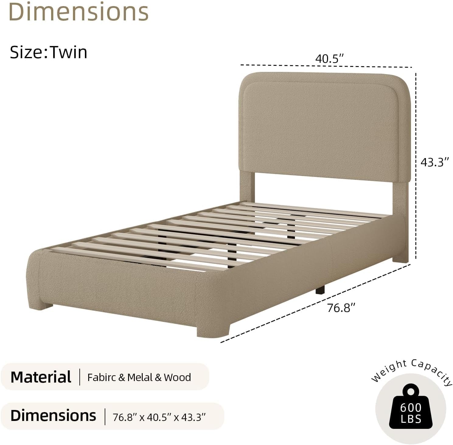 BarnFurin Full Bed Frame, Cloud Boucle Headboard, Rounded Corners, White | Soft boucle and rounded edges create a low-profile cloud look. Wooden slats support the mattress without a box spring