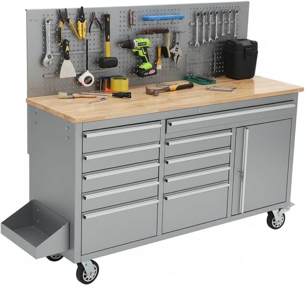 61-Inch Rolling Tool Chest with 10 Drawers & Power Strip, Solid Rubber Wood Top, 1675 LBS Load Heavy Duty Mobile Workstation, Locking System and Drawer Liners for Garage Warehouse Shop, Black