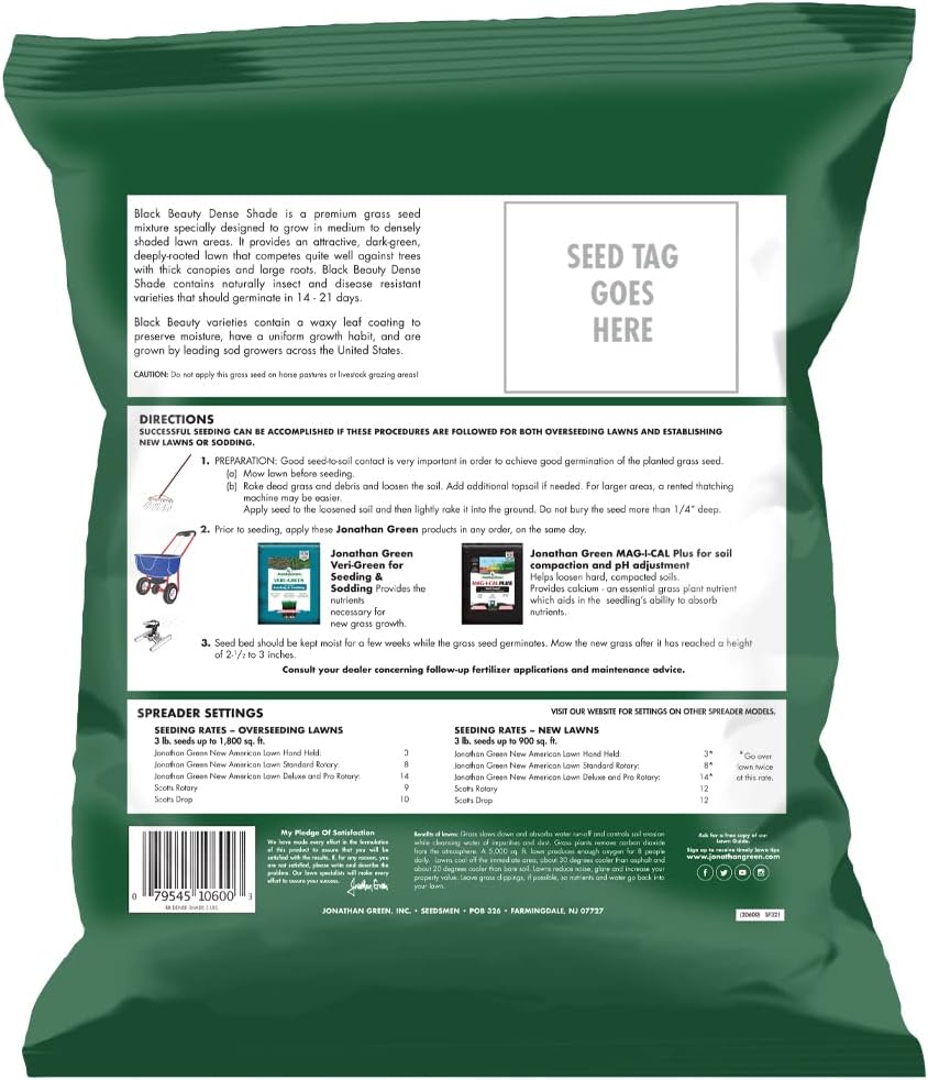 Jonathan Green (10610) Black Beauty Dense Shade Grass Seed - Cool Season Lawn Seed (25 lb) | Grows Well in Medium to Densely Shaded Areas
