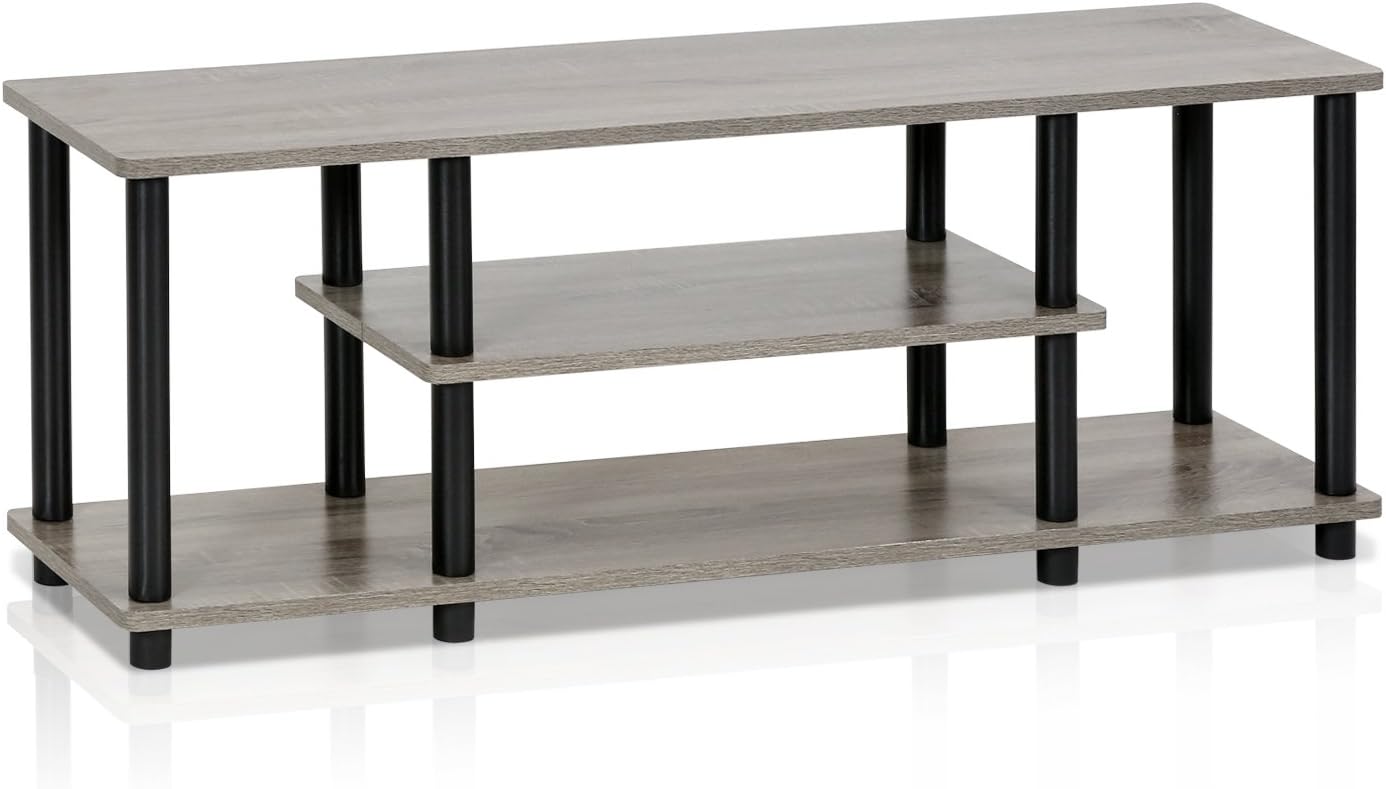 Furinno Turn-N-Tube No Tools 3D 3-Tier Entertainment TV Stand up to 50 inch TV, Round Tubes, French Oak Grey/Black | for TV up to 50 Inch, Open Frame Rectangular Entertainment Center with Storage Shelf, TV Console, for Living Room, Bedroom