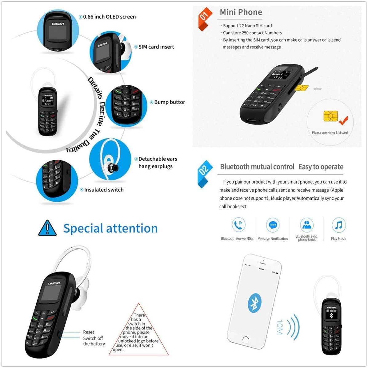 Mini Small Mobil Cell Phone L8star BM70 Bluetooth Handset 0.66 inch Unlocked Bluetooth Earphone Dialer Support SIM Card(Black)