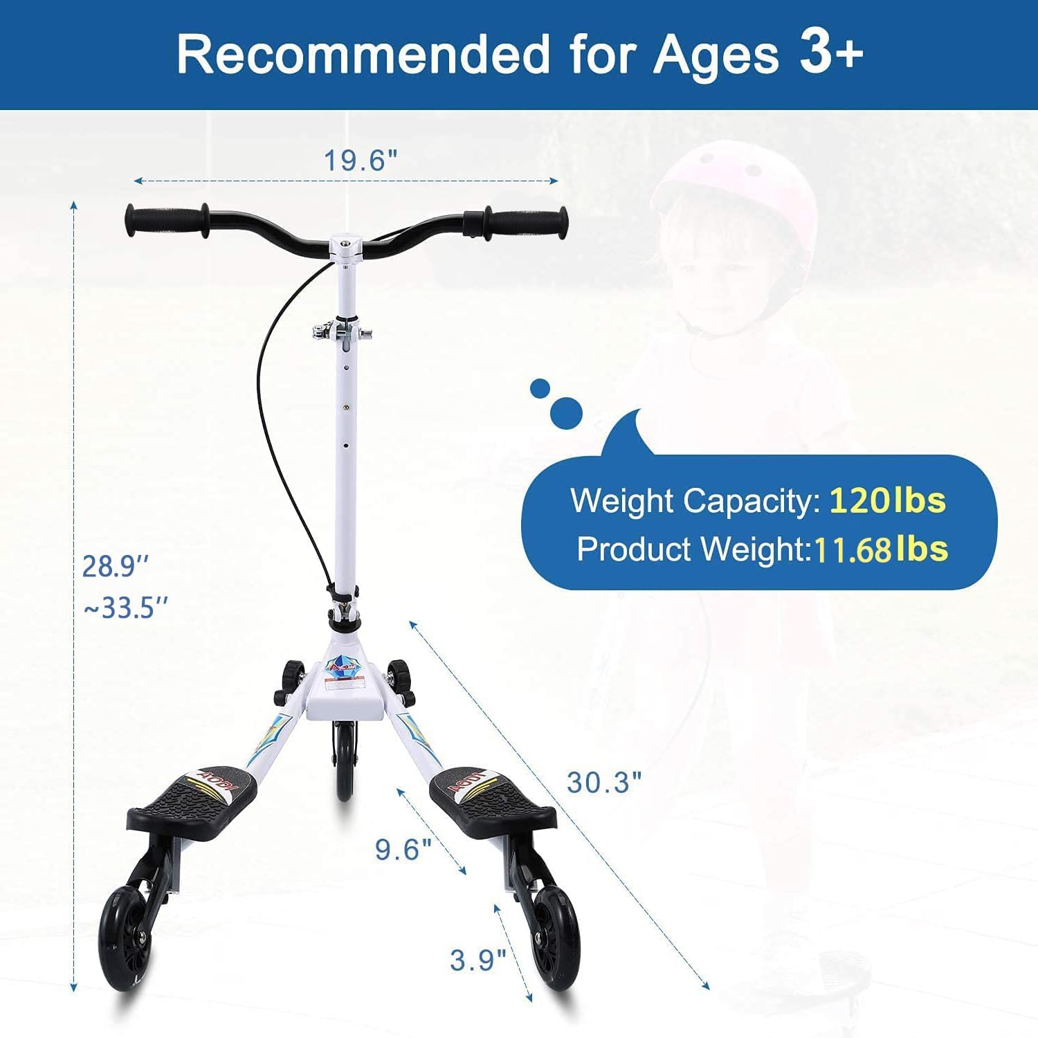Swing Scooter for Kids, 3 Wheels Foldable Wiggle Kick Scooter Push Drifting with 4 Adjustable Handlebar & 2 Rear LED Wheel for Boys and Girls Ages 3-8