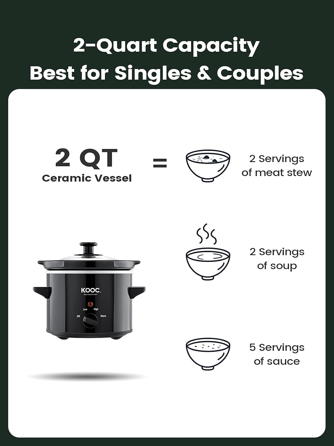 KOOC Small Slow Cooker, 2-Quart, Free Liners Included for Easy Clean-up, Upgraded Ceramic pot, Adjustable Temp, Nutrient Loss Reduction
