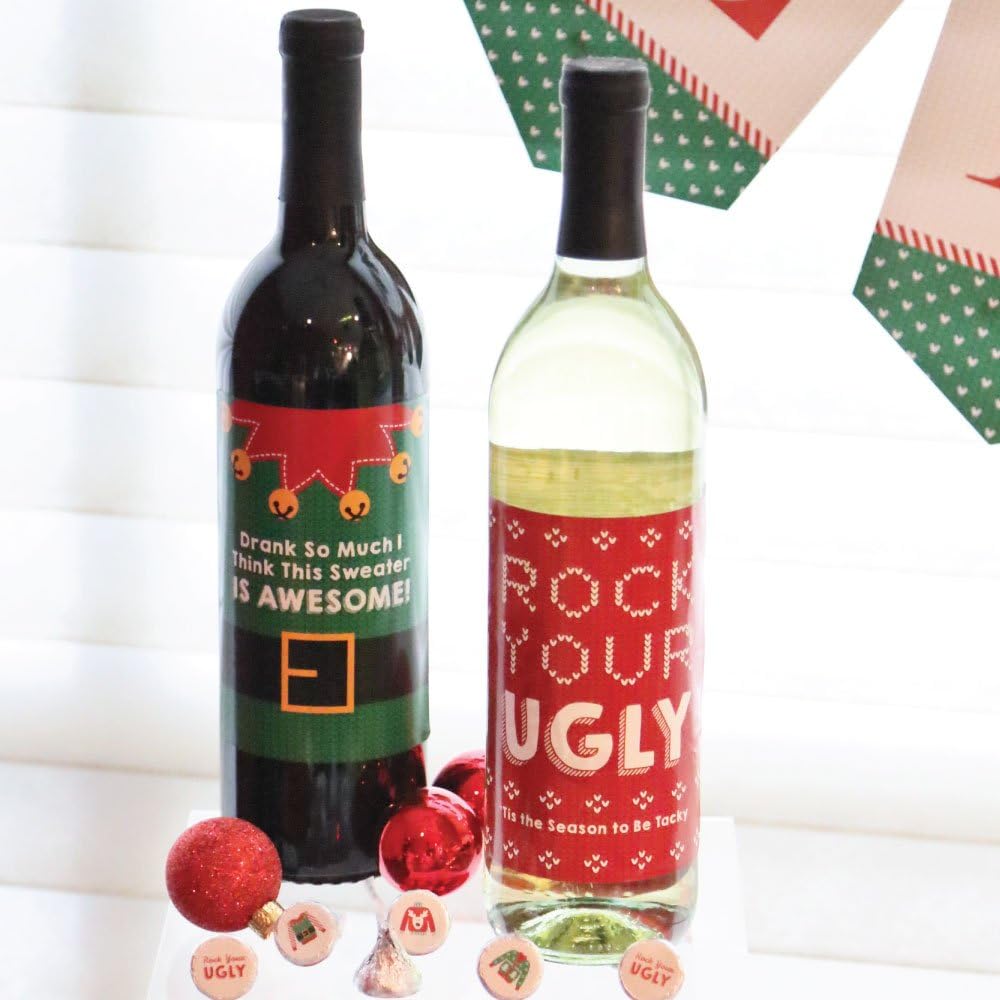 Big Dot of Happiness Ugly Sweater - Holiday and Christmas Wine Bottle Label Stickers - Set of 4