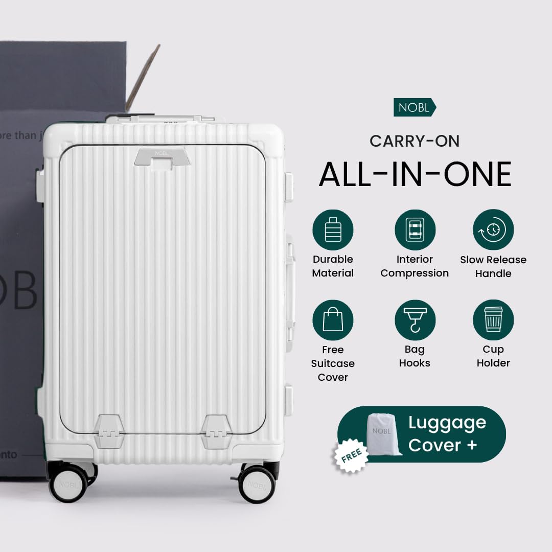 Nobl Travel Carry on Luggage, Zipperless Aluminum Frame, TSA Locks | PC Hard Shell Suitcase, Airline Approved, 360° Spinner Wheels, USB Charging Port, Cup & Phone Holder, 22.5x15x9.5, Ivory