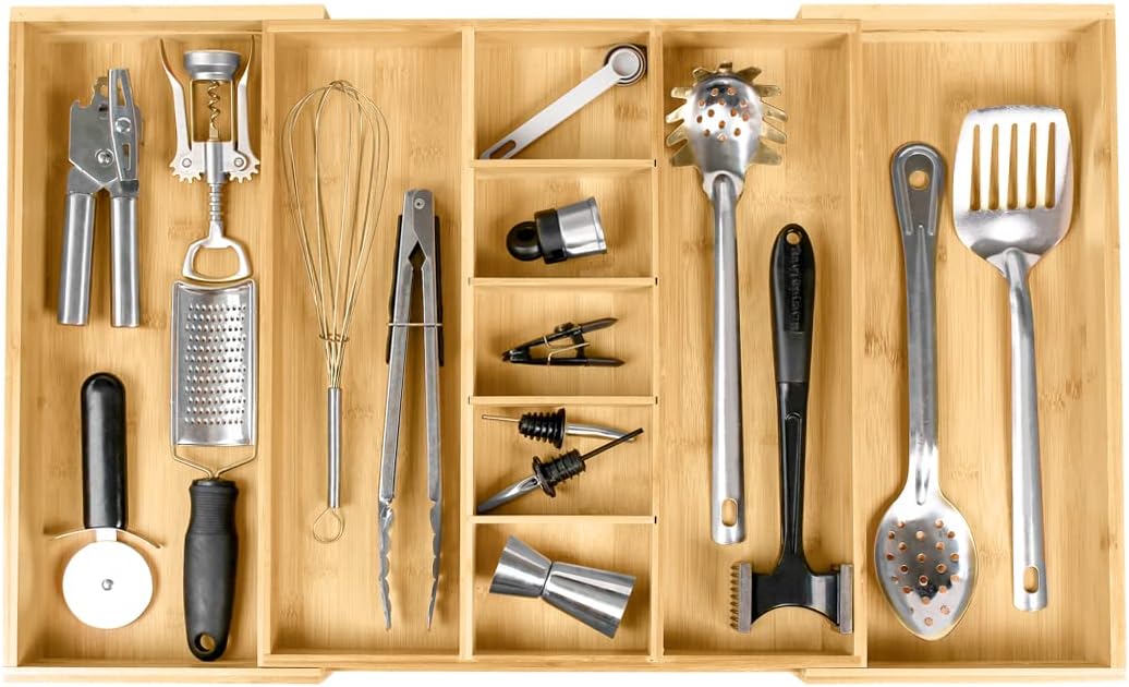 Utensil & Junk Drawer Organizer, 16-28 in, Bamboo | Food-safe contract grade, 100% sustainable wood, non-slip, adjustable