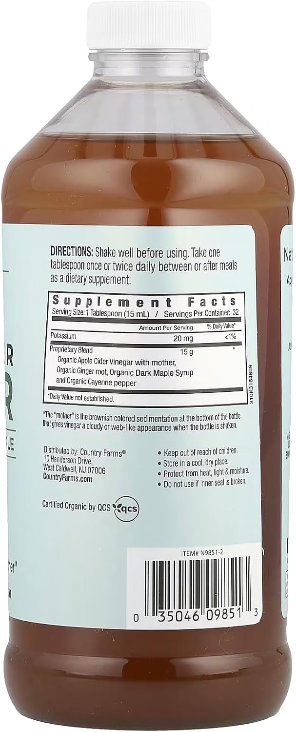 Country Farms Organic Apple Cider Vinegar Tonic, Cleanses and Detoxifies, Helps Balance Fluids, Supports Digestion, With The “Mother”