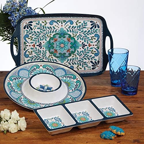 Talavera 3-Piece Melamine Hostess Serveware Set – Chip & Dip Server, 3-Section Relish Tray
