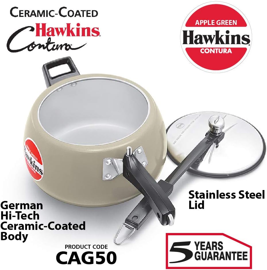Hawkins 5 Litre Contura Pressure Cooker, Ceramic Coated Handi Inner Lid Cooker, Tomato Red (CTR50)
