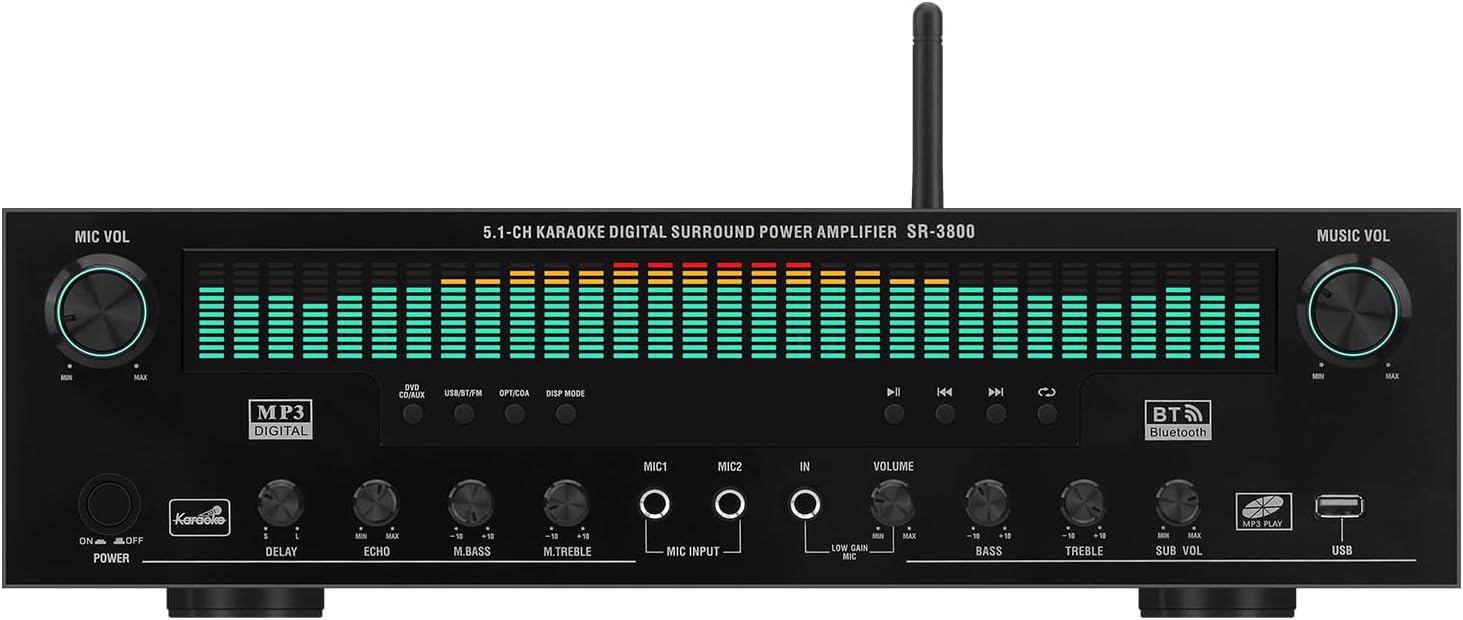 5.1 Channel Karaoke Amplifier with Mic Input, Home Audio Surround Sound Amplifier with Optical, Coaxial & RCA Inputs, Subwoofer Support for TV