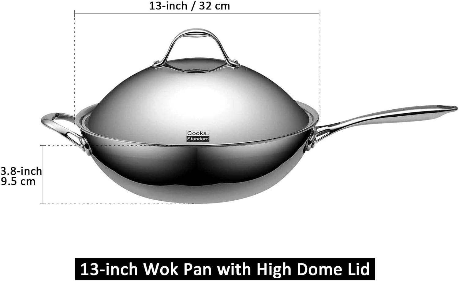 Cooks Standard Multi-Ply Clad 12 Inch Stainless Steel Wok Pan, Stir Fry Pan with Glass Lid, Induction Cookware, Dishwasher & Oven Safe, Compatible with All Cooktops