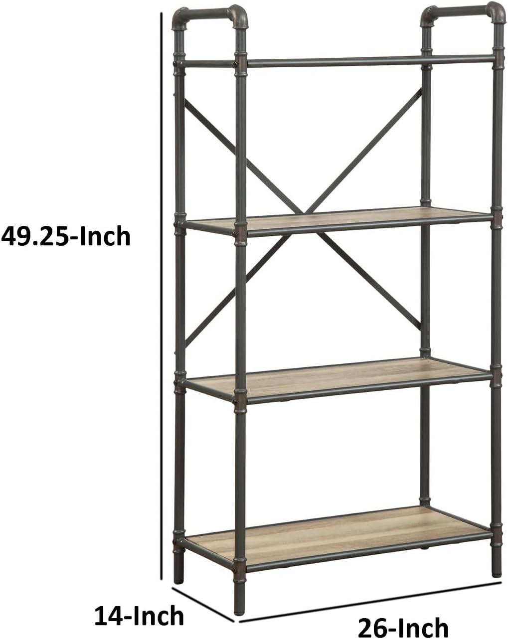 Benjara Benzara Four-Tier Metal Bookshelf with Wooden Shelves, Brown and Grey,
