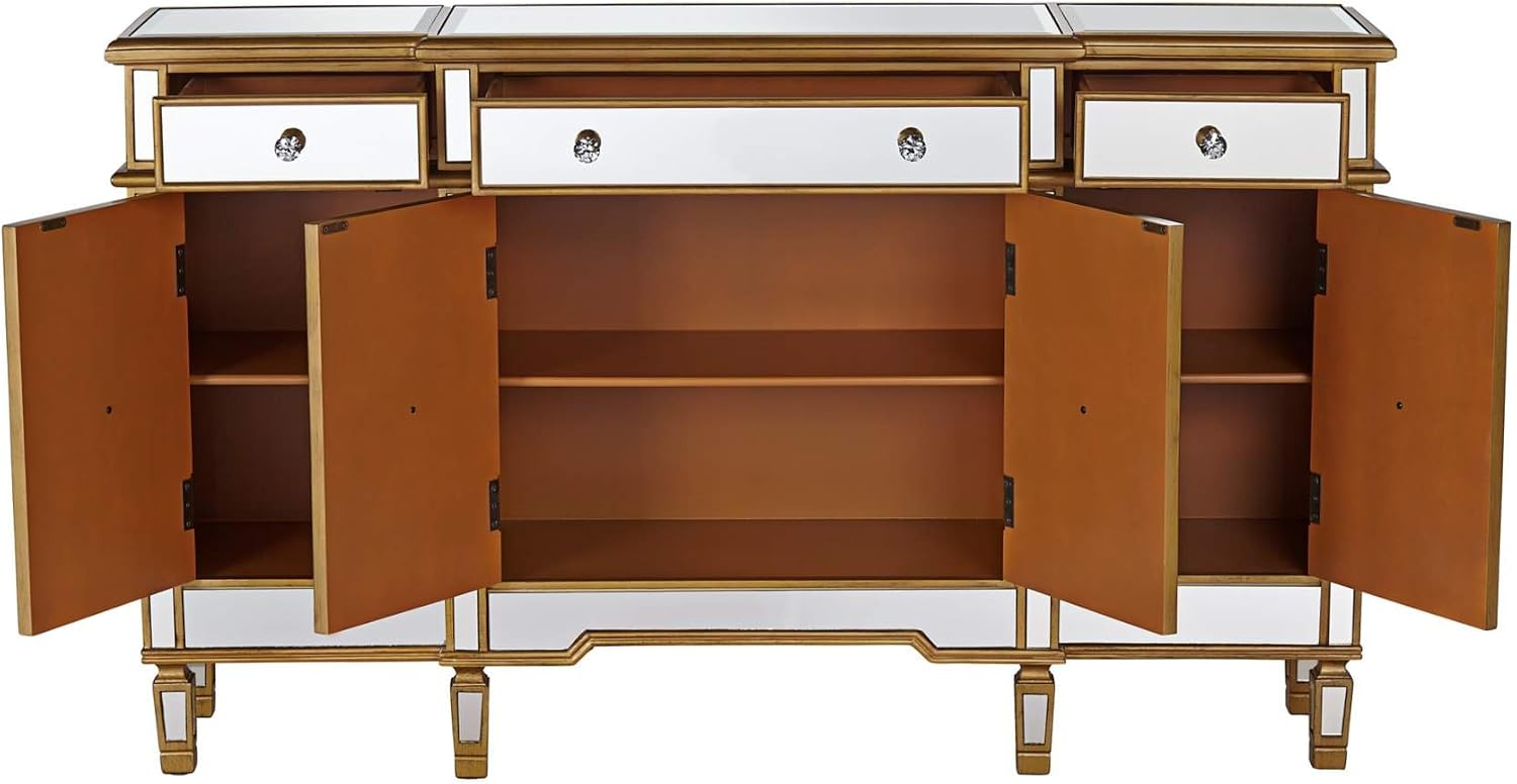60 Inch Gold Wood Frame Mirrored Panels Andrea Storage Sideboard Buffet Cabinet for Living Room