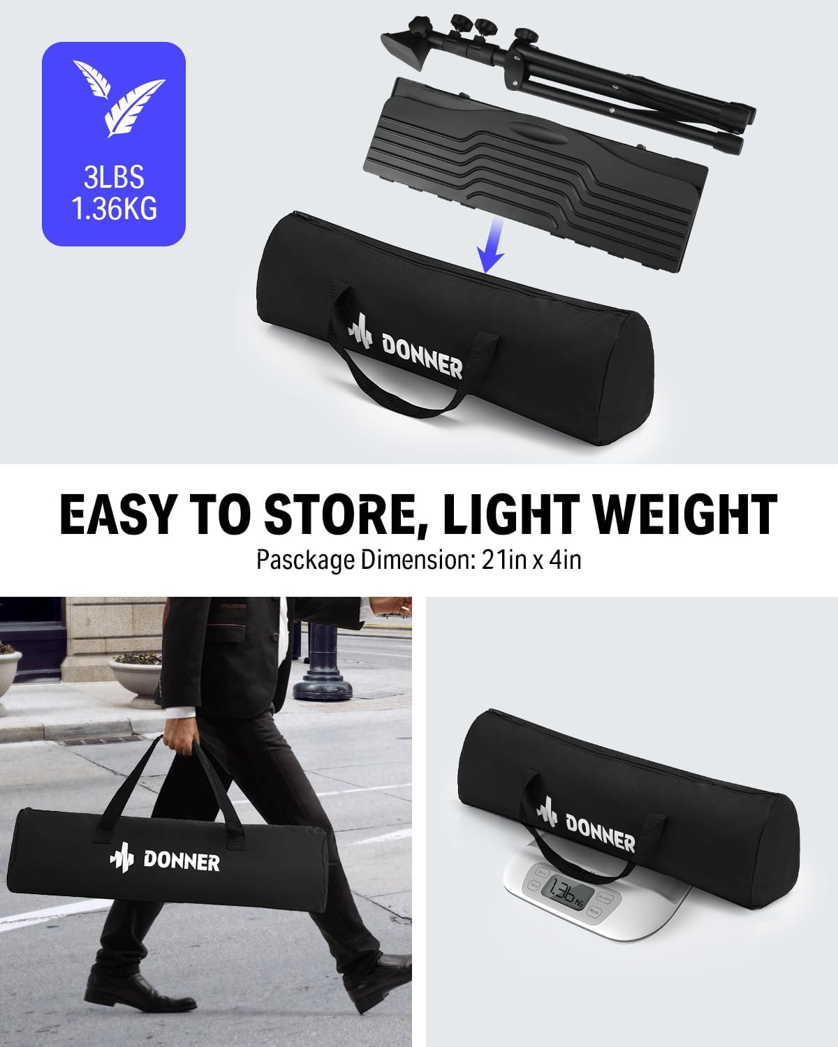 Donner DMS-1 Sheet Music Stand with Light & Carrying Bag | Portable Metal Music Stand, Tabletop Music Book Stand for Guitar, Ukulele, Violin Players