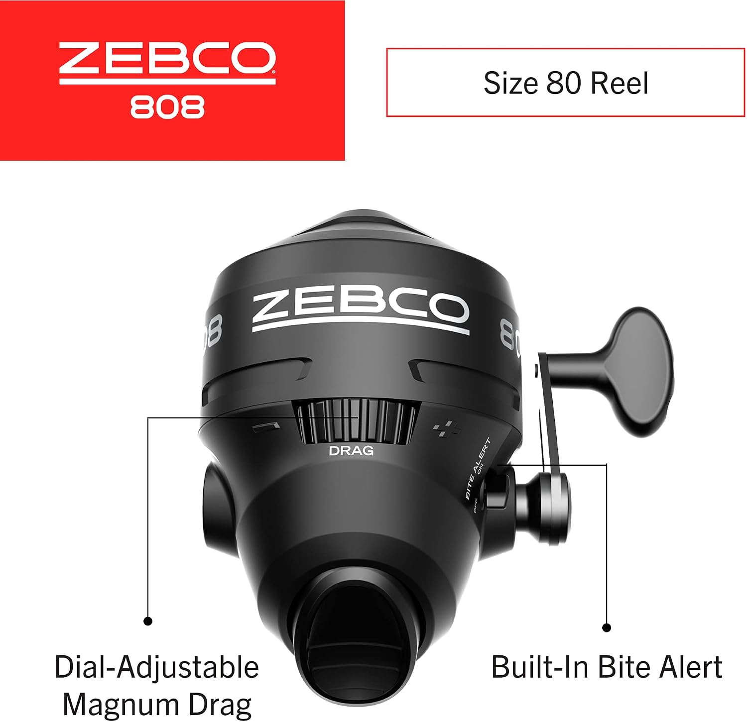 Zebco 808 Spincast Fishing Reel, Changeable Right- or Left-Hand Retrieve, Pre-Spooled with Zebco Fishing Line, Dial-Adjustable Magnum Drag