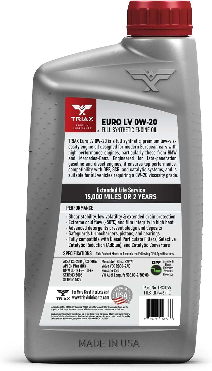 TRIAX Euro LV 0W-20 Full Synthetic European Car Engine Oil | 15K Miles | Compatible with BMW LL-12+, LL-17+, MB 229.71, VW 508.00/509.00 (1 Quart)