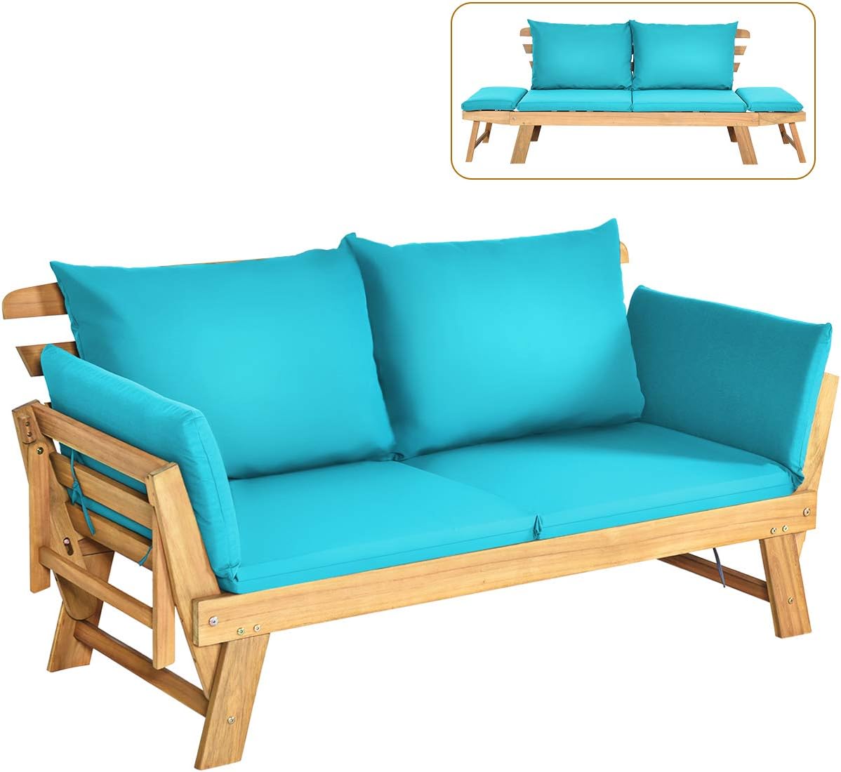 Tangkula Convertible Acacia Wood Patio Couch Sofa Bed with Adjustable Armrest, Outdoor Daybed with Cushion & Pillows