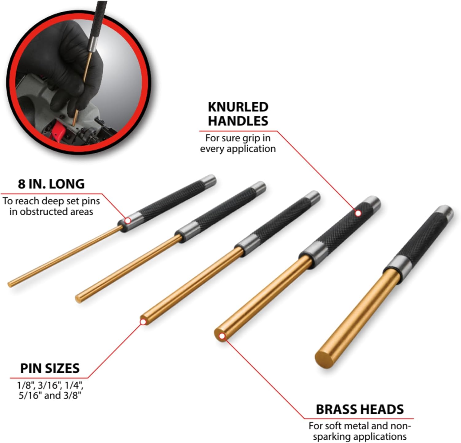 Performance Tool W759 5-Piece 8 in. Long Brass Pin Punch Set | Non-sparking soft metal striking heads. Knurled steel handles. Pin sizes from 1/8 to 3/8 inch